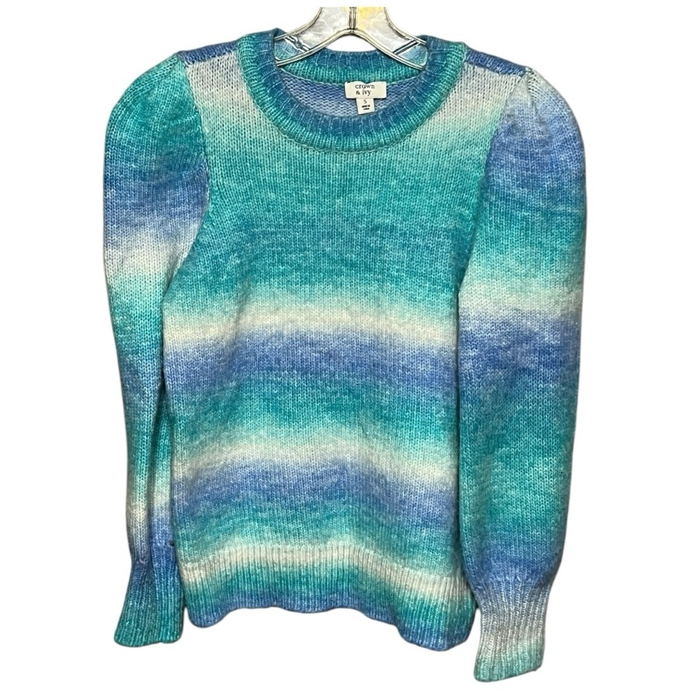 Crown & Ivy Fuzzy Puff Sleeve Knit Sweater Blue Gradient Small